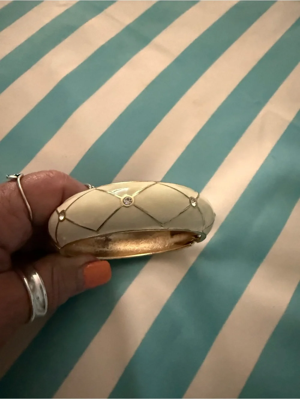 Vintage Cream Enamel Bangle Bracelet with Crystal Accents